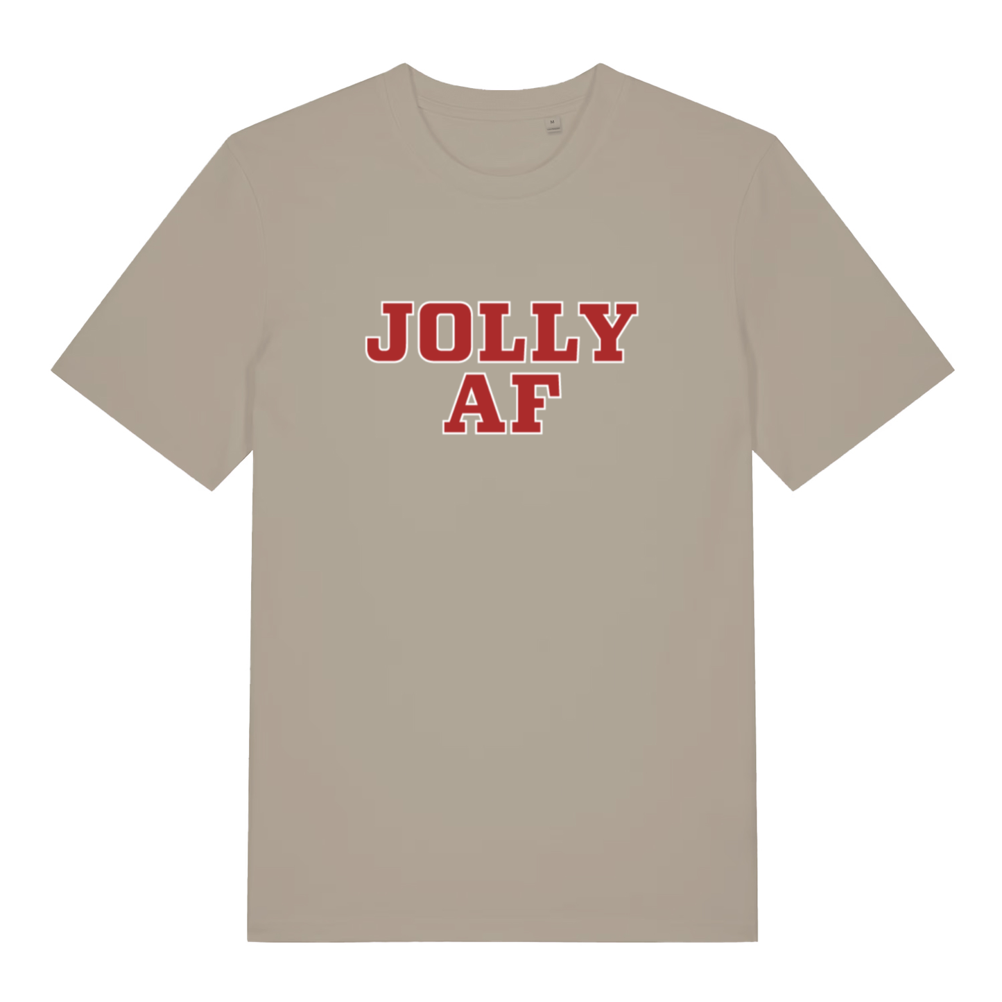 Beige Jolly AF funny graphic t-shirt with bold red “JOLLY AF” Christmas slogan  