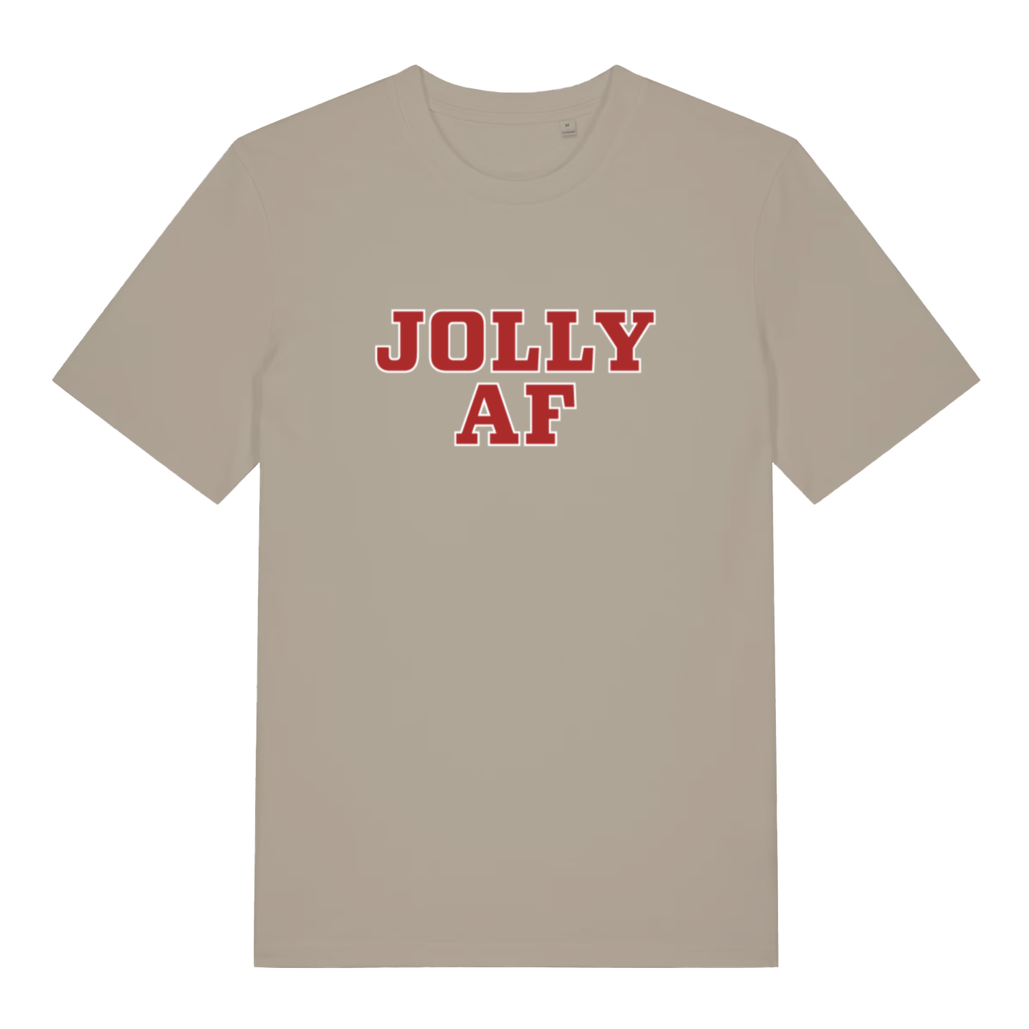 Beige Jolly AF funny graphic t-shirt with bold red “JOLLY AF” Christmas slogan  