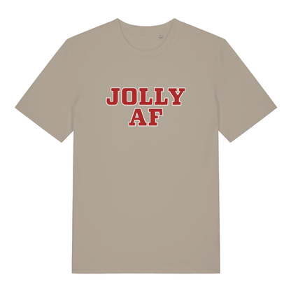Beige Jolly AF funny graphic t-shirt with bold red “JOLLY AF” Christmas slogan  