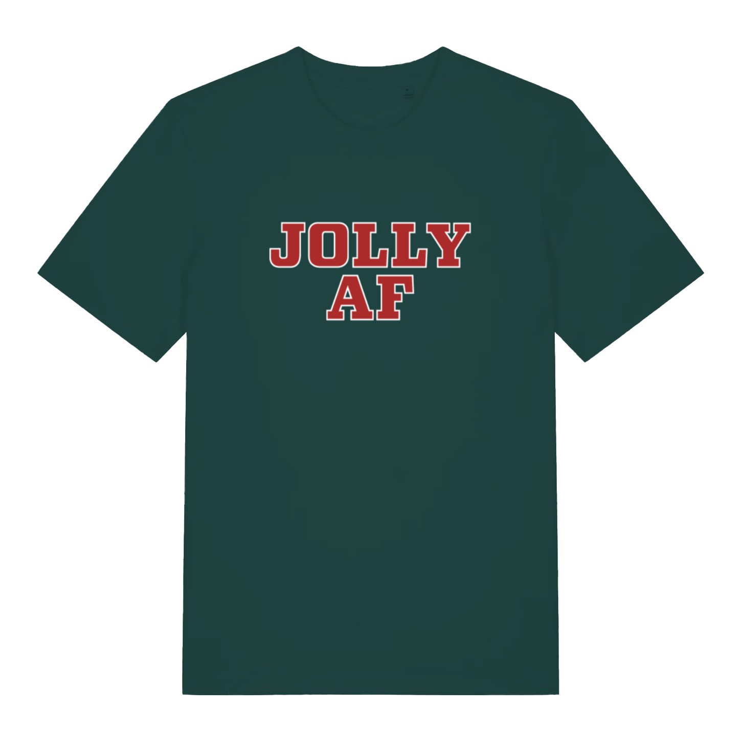 Green Jolly AF funny graphic t-shirt featuring collegiate-style “JOLLY AF” festive text  