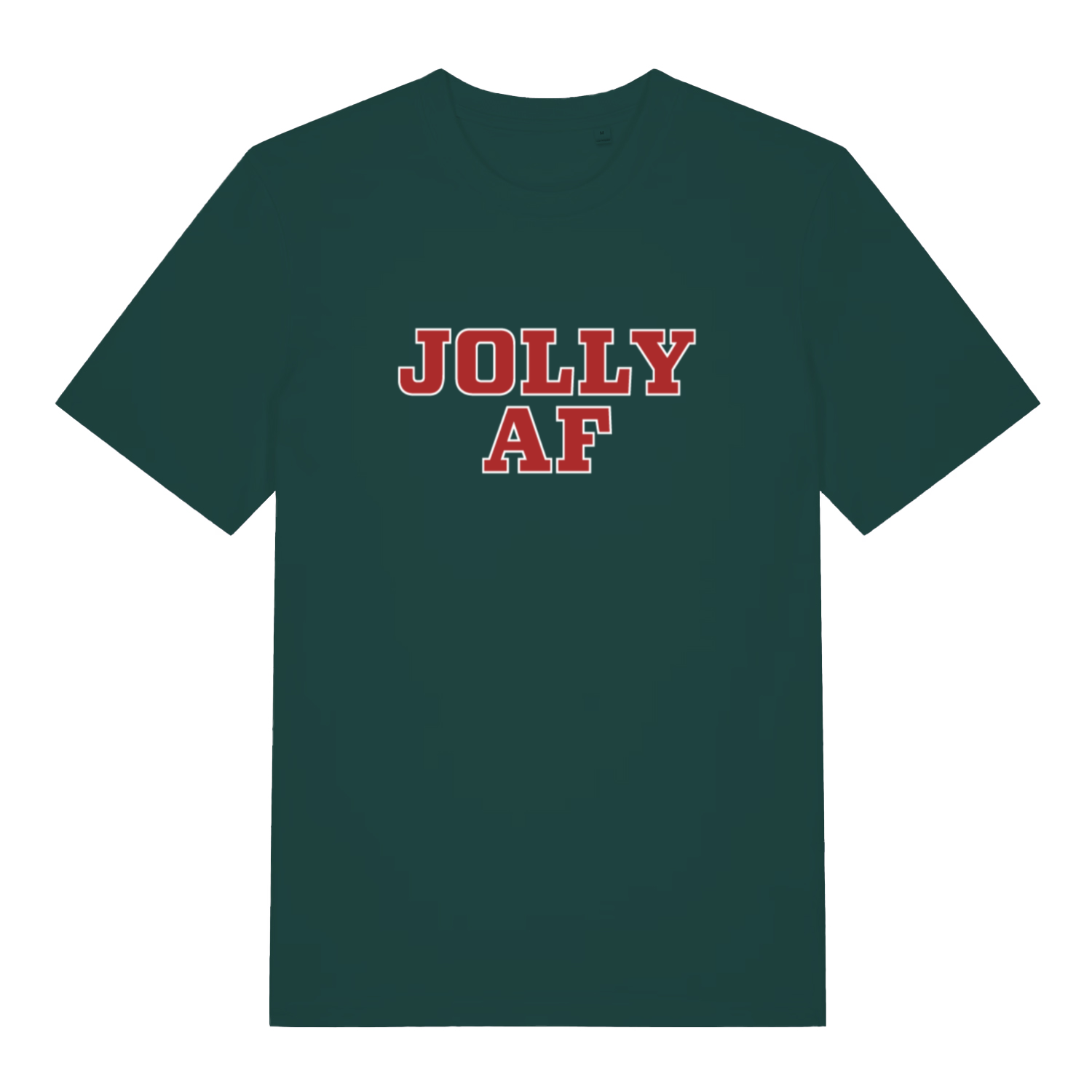 Green Jolly AF funny graphic t-shirt featuring collegiate-style “JOLLY AF” festive text  