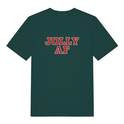 Green Jolly AF funny graphic t-shirt featuring collegiate-style “JOLLY AF” festive text  