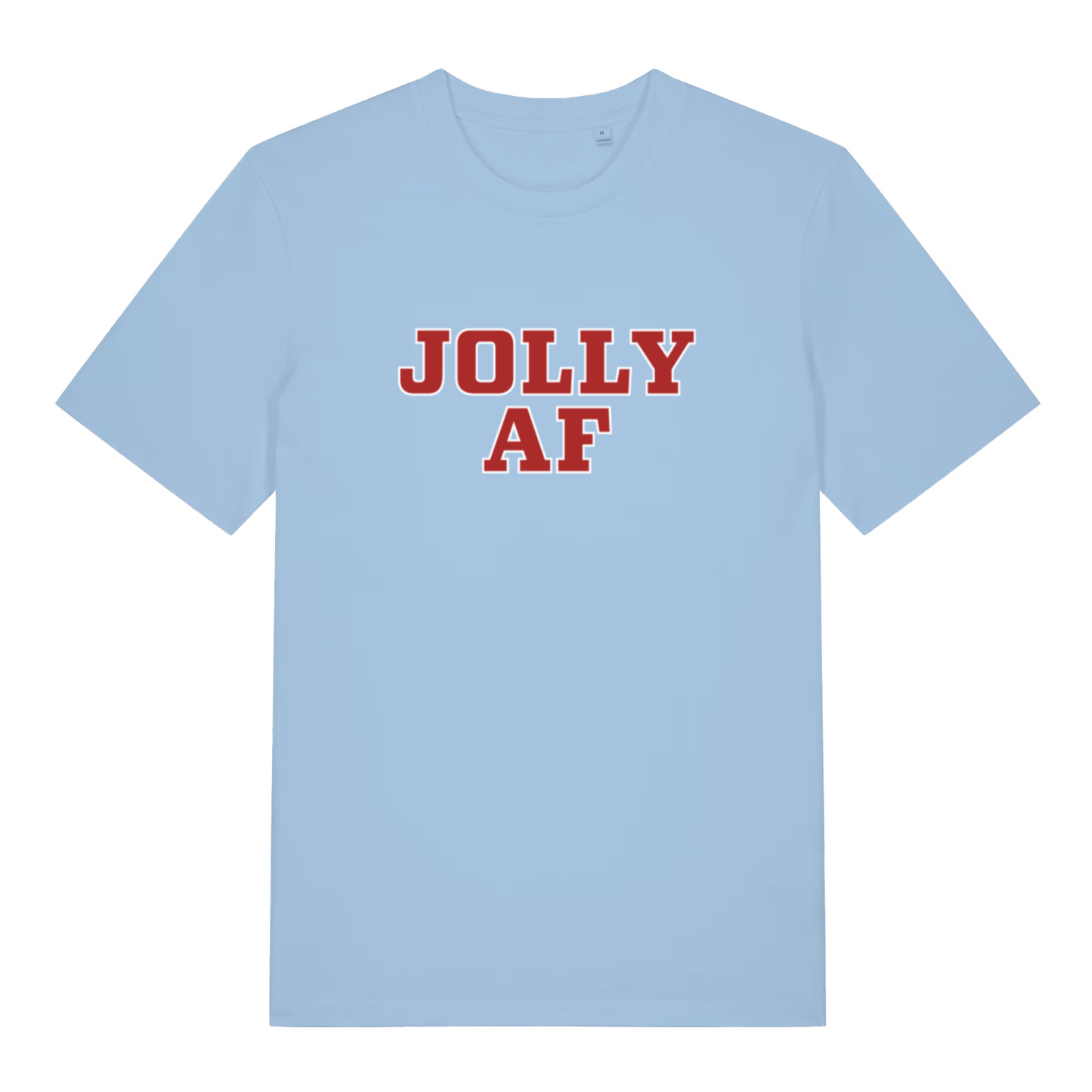 Light blue Jolly AF funny graphic t-shirt with bold red “JOLLY AF” Christmas lettering  