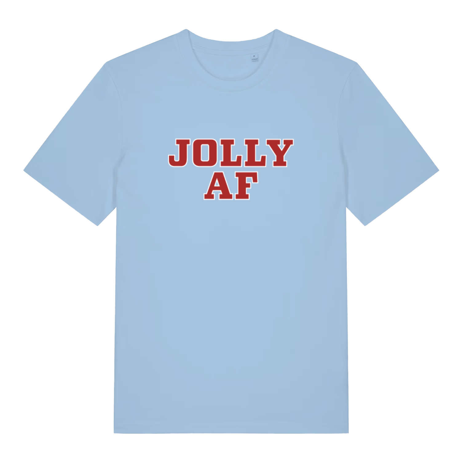 Light blue Jolly AF funny graphic t-shirt with bold red “JOLLY AF” Christmas lettering  