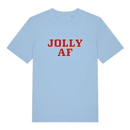 Light blue Jolly AF funny graphic t-shirt with bold red “JOLLY AF” Christmas lettering  