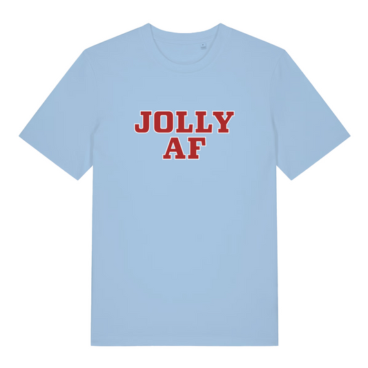 Light blue Jolly AF funny graphic t-shirt with bold red “JOLLY AF” Christmas lettering  