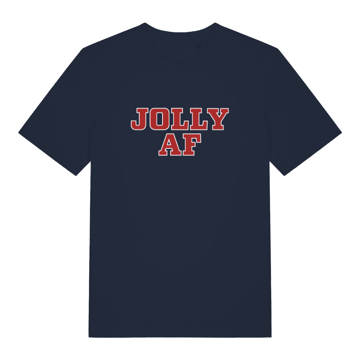 Navy Jolly AF funny graphic t-shirt showing sharp “JOLLY AF” festive slogan  