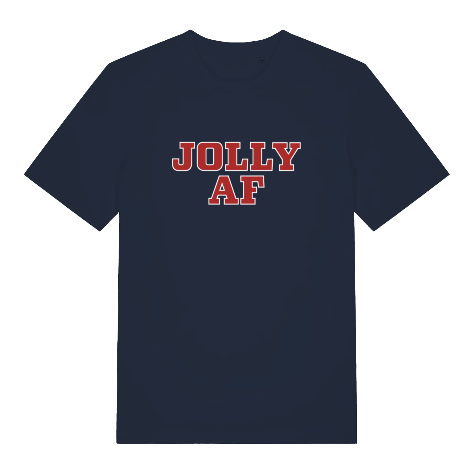 Navy Jolly AF funny graphic t-shirt showing sharp “JOLLY AF” festive slogan  