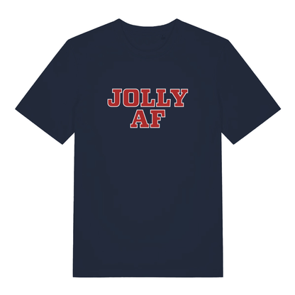 Navy Jolly AF funny graphic t-shirt showing sharp “JOLLY AF” festive slogan  