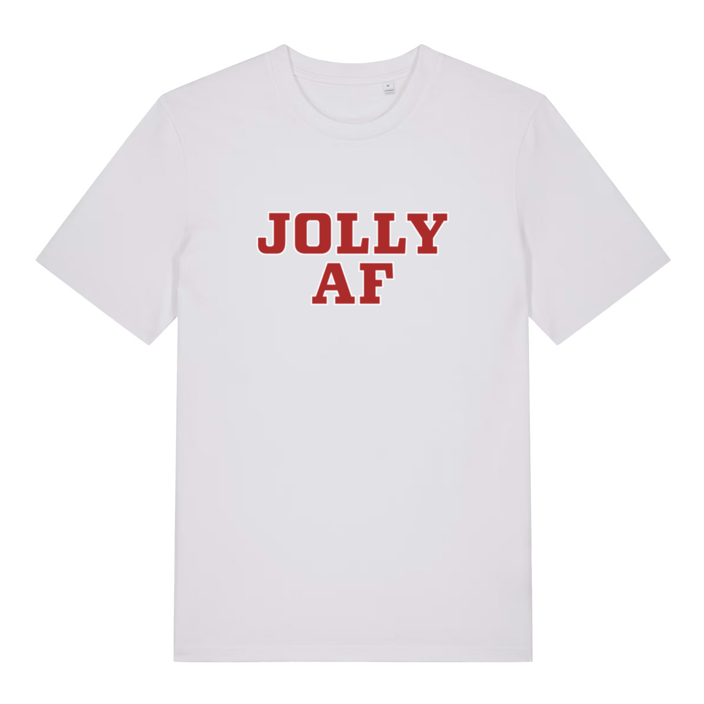 White Jolly AF funny graphic t-shirt with classic red “JOLLY AF” Christmas design  