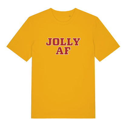 Yellow Jolly AF funny graphic t-shirt featuring bold “JOLLY AF” festive text  