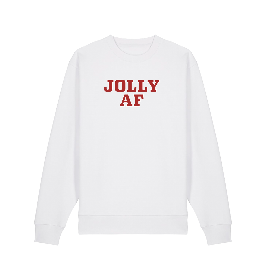 white christmas sweater with the slogan 'jolly af'