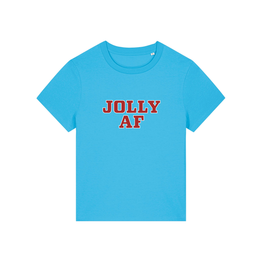 blue christmas t-shirt with the slogan 'jolly af'