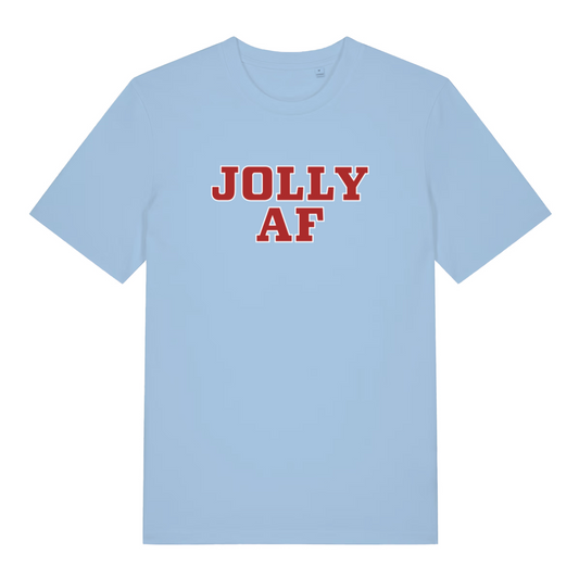 light blue women's xmas t-shirt with the slogan 'jolly f'