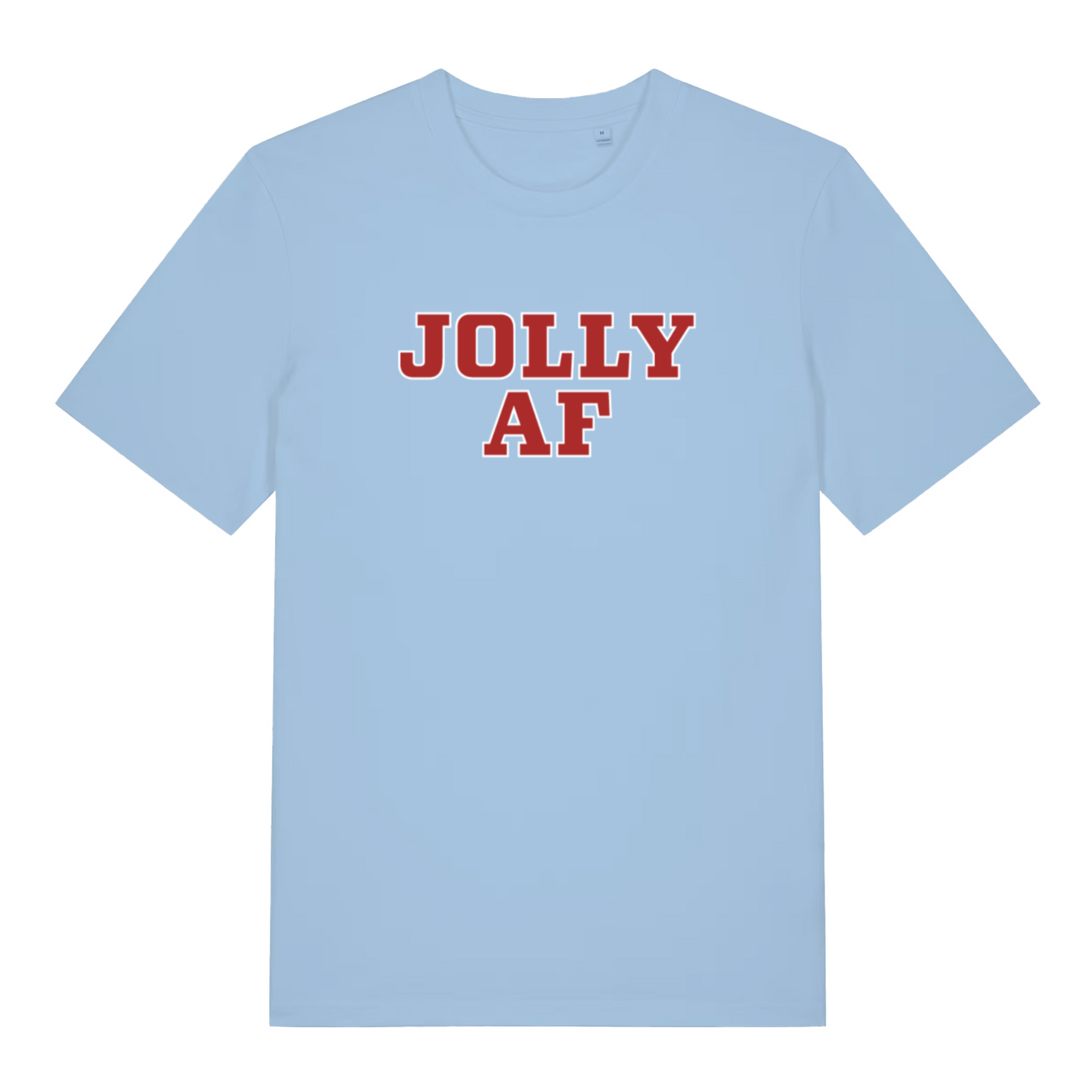 Light blue women's Jolly AF funny graphic t-shirt with bold red “JOLLY AF” Christmas slogan  
