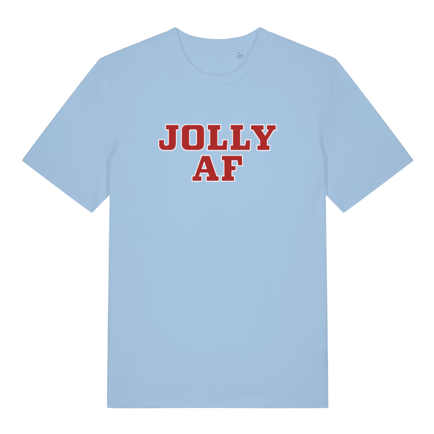 Light blue women's Jolly AF funny graphic t-shirt with bold red “JOLLY AF” Christmas slogan  
