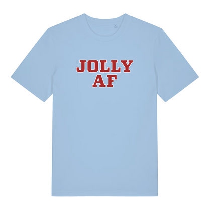 Light blue women's Jolly AF funny graphic t-shirt with bold red “JOLLY AF” Christmas slogan  