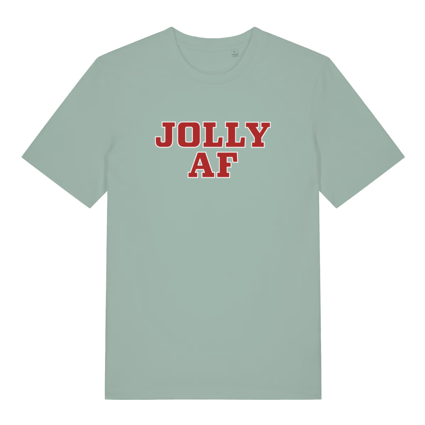 Light green women's Jolly AF funny graphic t-shirt featuring collegiate-style “JOLLY AF” festive text  