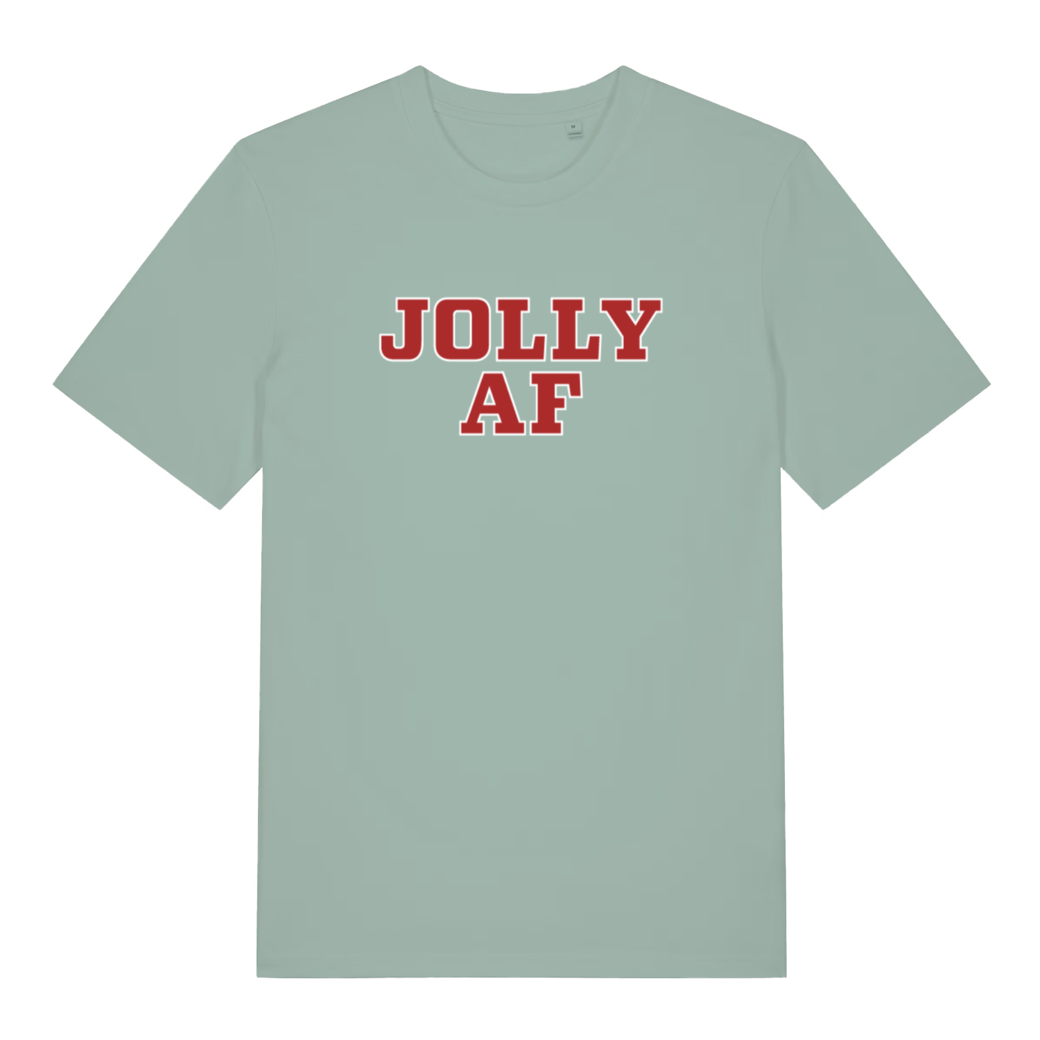 Light green women's Jolly AF funny graphic t-shirt featuring collegiate-style “JOLLY AF” festive text  