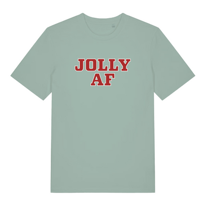 Light green women's Jolly AF funny graphic t-shirt featuring collegiate-style “JOLLY AF” festive text  
