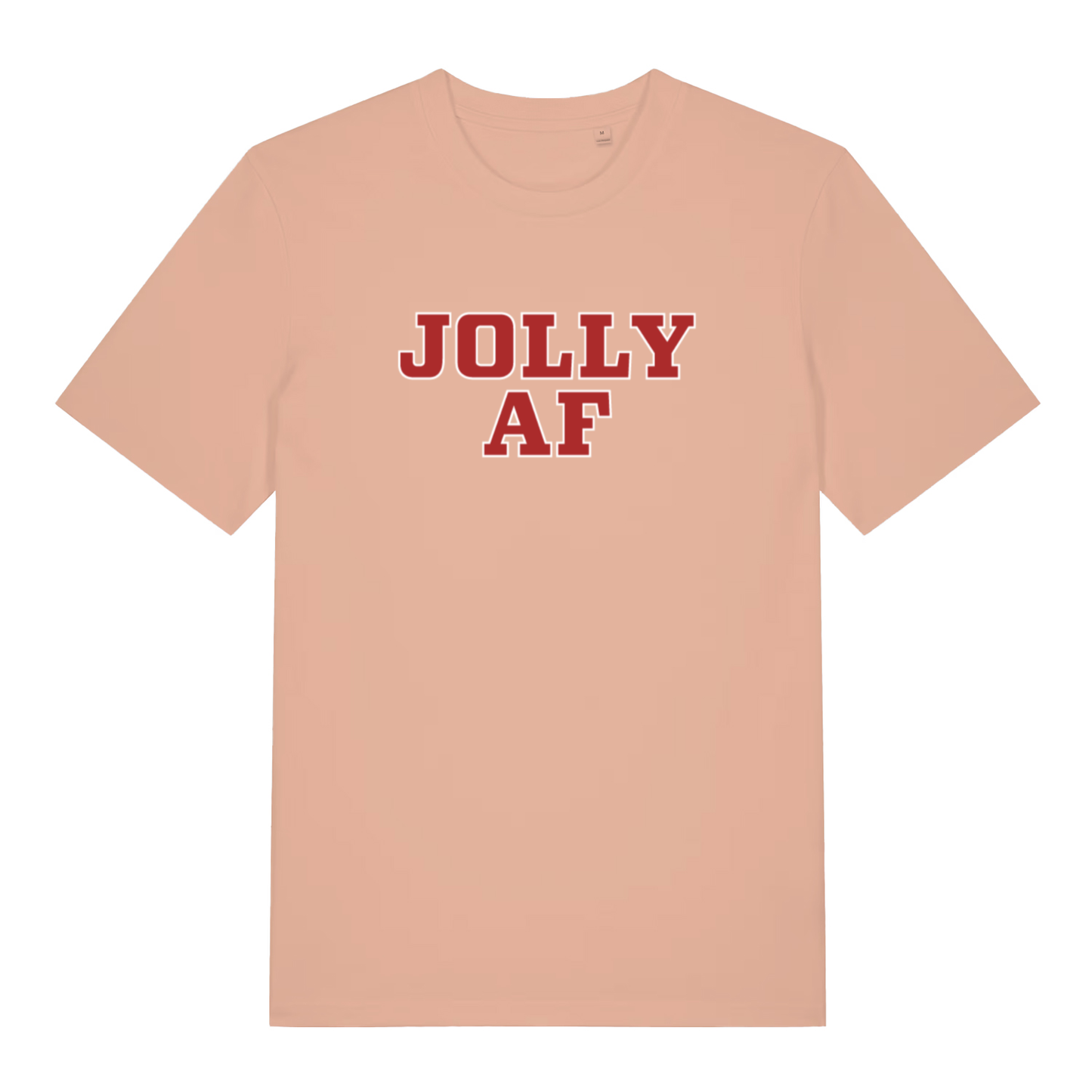 Peach women's Jolly AF funny graphic t-shirt with bold red “JOLLY AF” Christmas lettering  