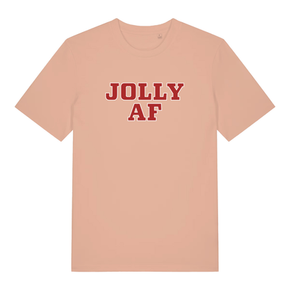 Peach women's Jolly AF funny graphic t-shirt with bold red “JOLLY AF” Christmas lettering  