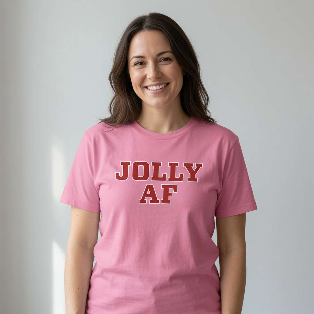 Woman smiling at camera in pink Jolly AF t-shirt, cheeky ladies christmas pub