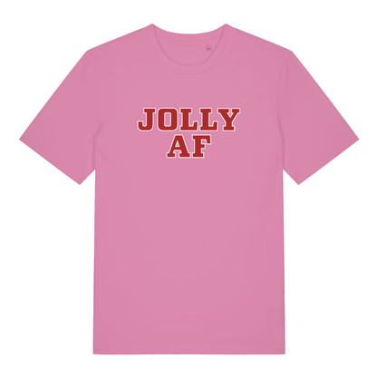 Pink women's Jolly AF funny graphic t-shirt showing sharp “JOLLY AF” festive slogan  