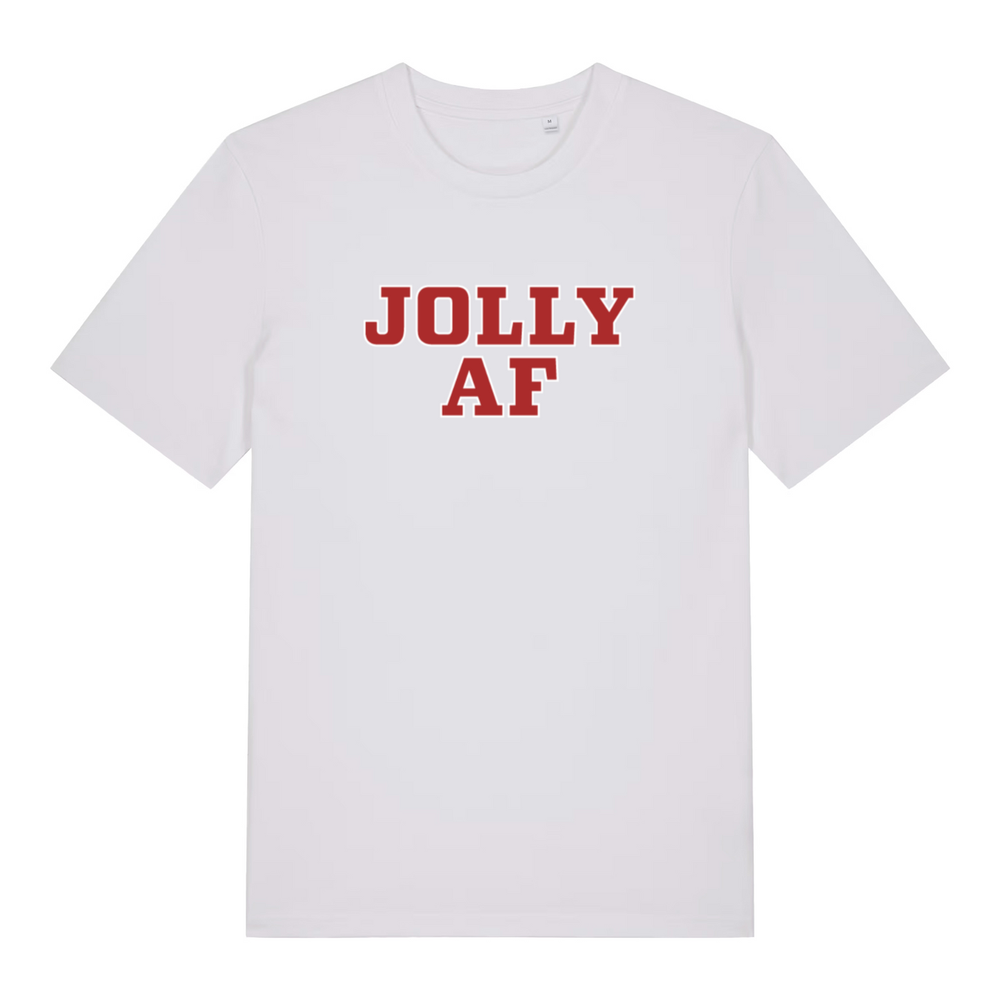 White women's Jolly AF funny graphic t-shirt with classic red “JOLLY AF” Christmas design  
