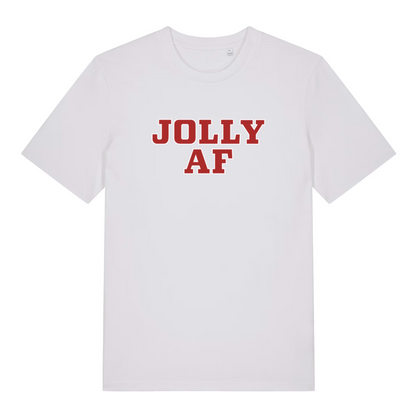 White women's Jolly AF funny graphic t-shirt with classic red “JOLLY AF” Christmas design  