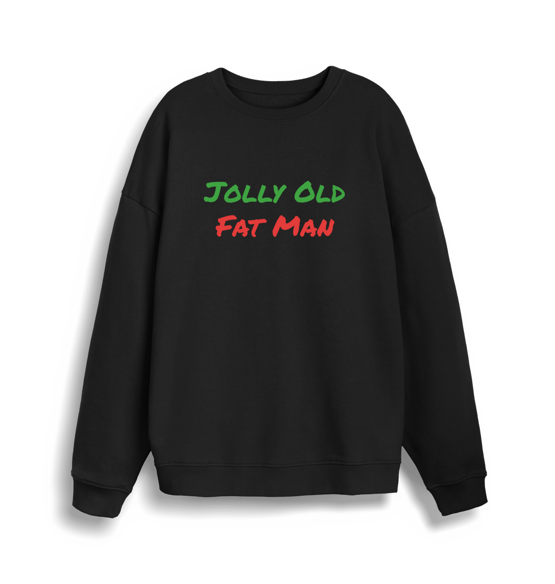 black christmas sweater with the slogan 'jolly old fat man'
