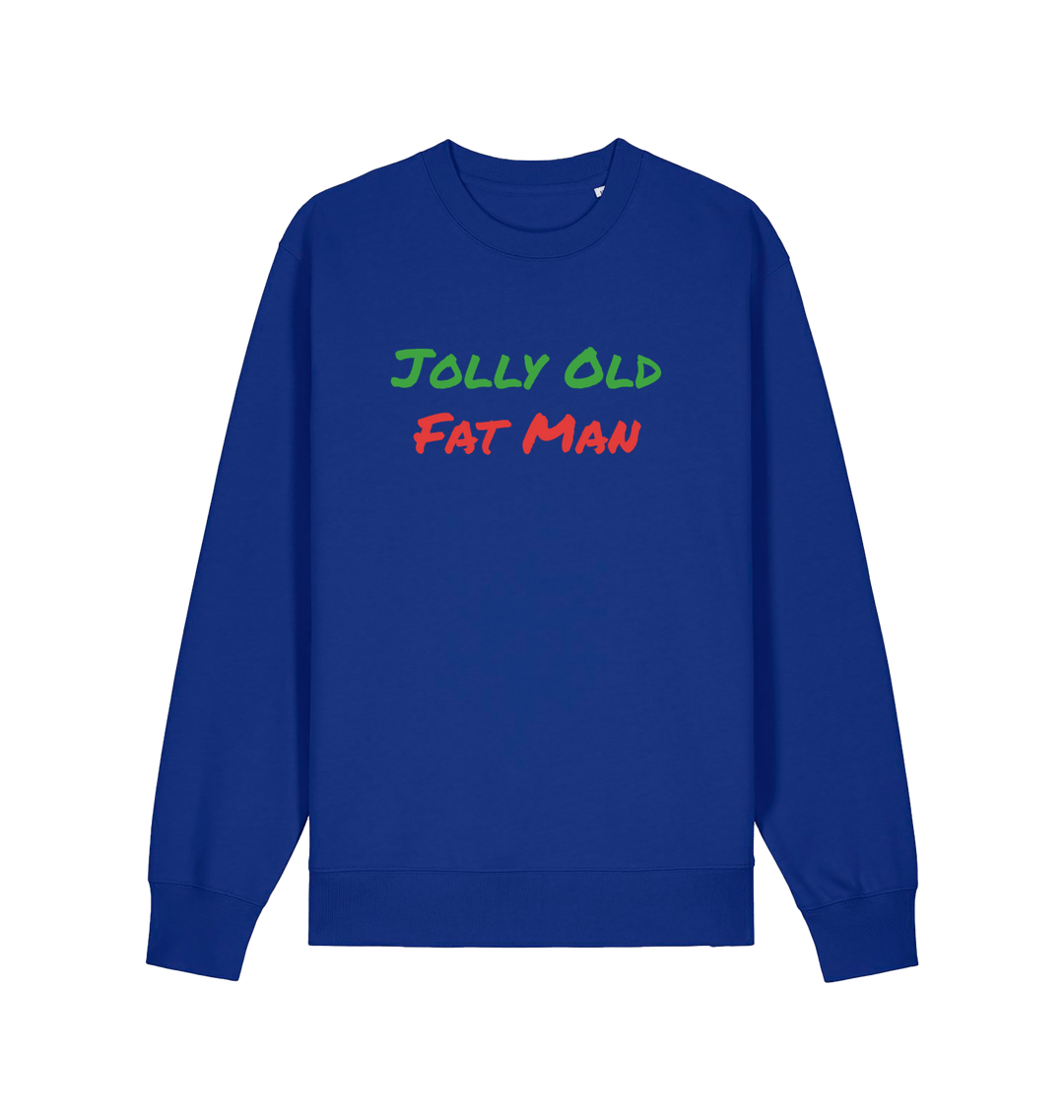 blue christmas sweater with the slogan 'jolly old fat man'