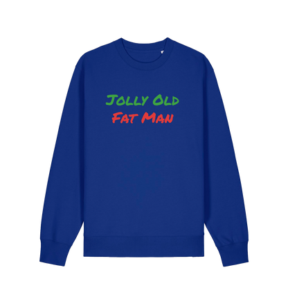 blue christmas sweater with the slogan 'jolly old fat man'