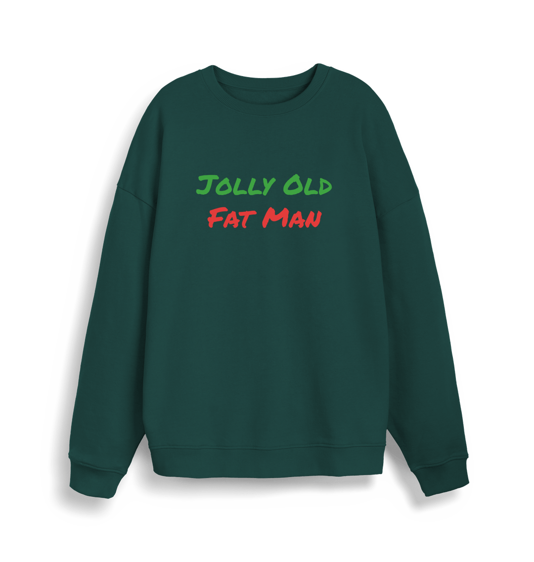 green christmas sweater with the slogan 'jolly old fat man'