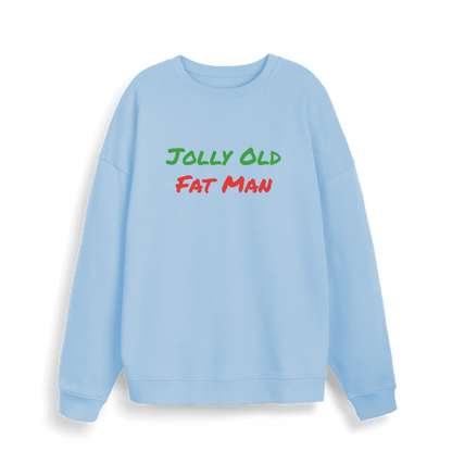 light blue christmas sweater with the slogan 'jolly old fat man'