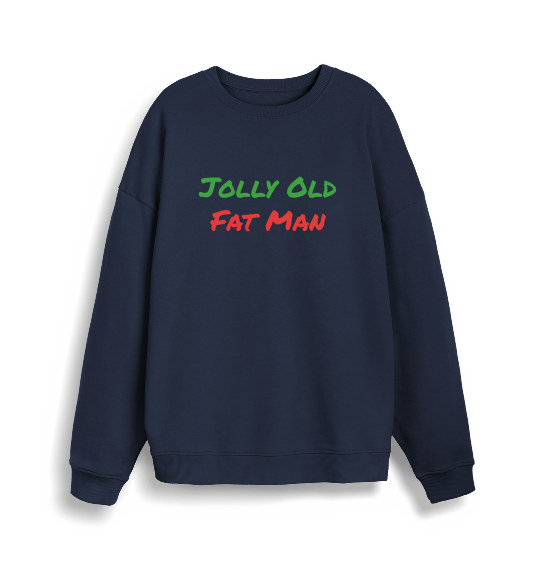 navy christmas sweater with the slogan 'jolly old fat man'