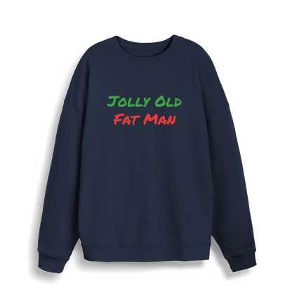 navy christmas sweater with the slogan 'jolly old fat man'