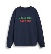 navy christmas sweater with the slogan 'jolly old fat man'