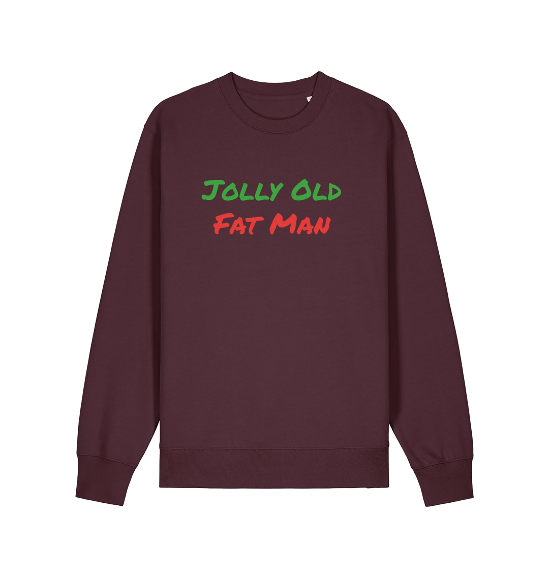 red brown christmas sweater with the slogan 'jolly old fat man'