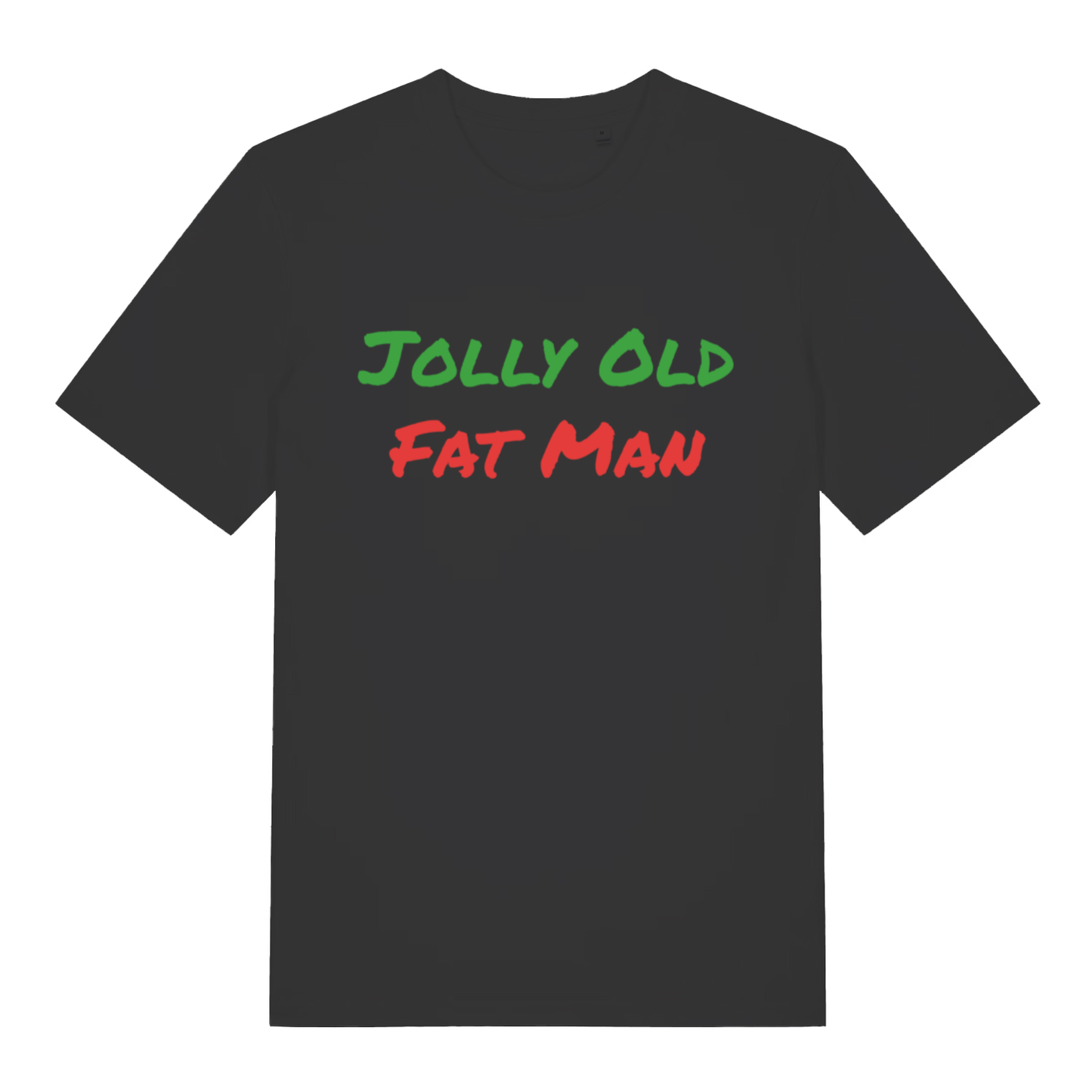 Black Jolly Old Fat Man funny graphic t-shirt with green and red “JOLLY OLD FAT MAN” Christmas slogan  