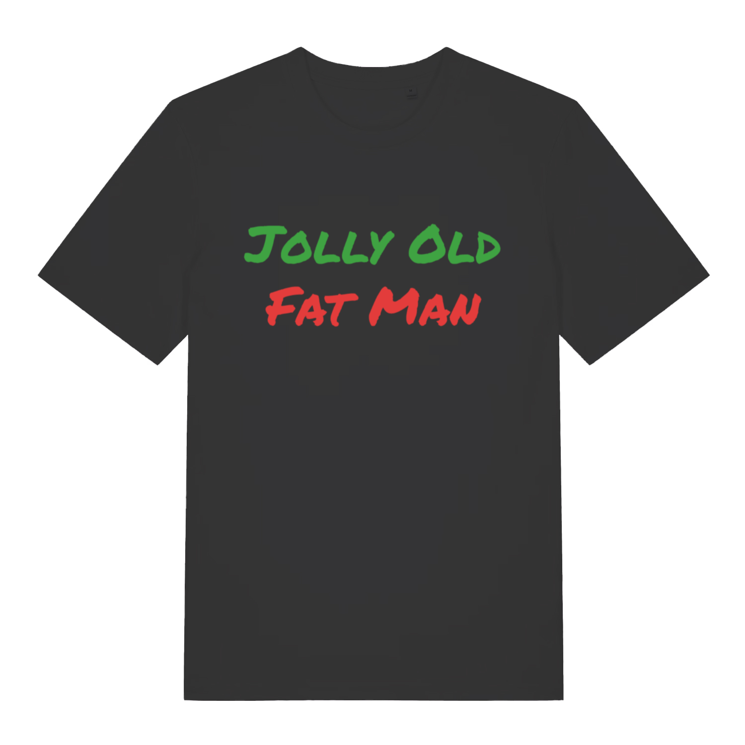 Black Jolly Old Fat Man funny graphic t-shirt with green and red “JOLLY OLD FAT MAN” Christmas slogan  
