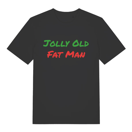 Black Jolly Old Fat Man funny graphic t-shirt with green and red “JOLLY OLD FAT MAN” Christmas slogan  
