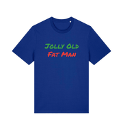 blue christmas t-shirt with the slogan 'jolly old fat man'