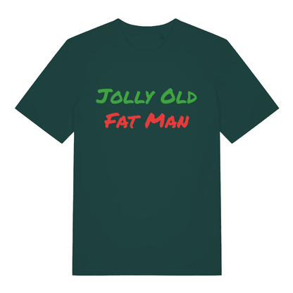 Green Jolly Old Fat Man funny graphic t-shirt with bold “JOLLY OLD FAT MAN” Christmas lettering  
