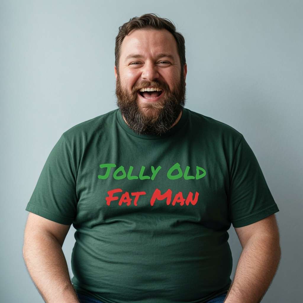 Bearded man laughing in green Jolly Old Fat Man t-shirt, mens humorous fun christmas banter slogan