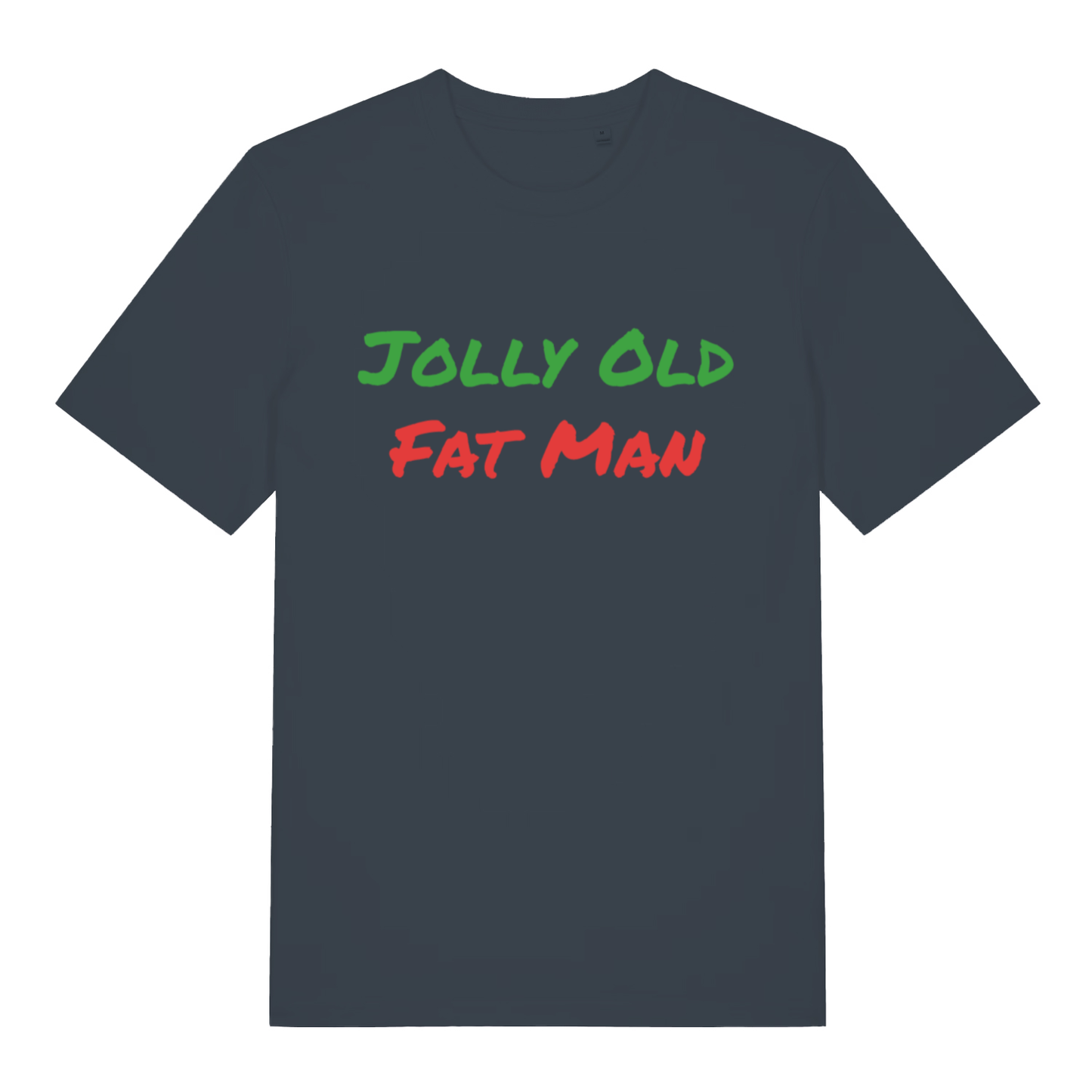 Ink grey Jolly Old Fat Man funny graphic t-shirt showing green and red “JOLLY OLD FAT MAN” slogan  