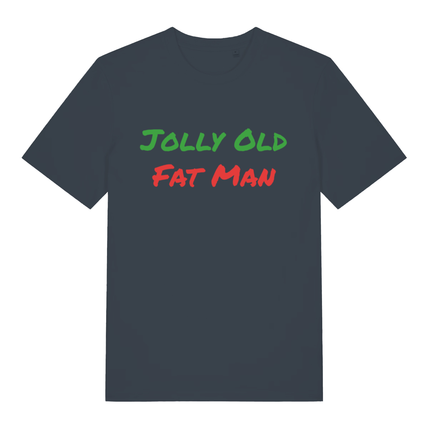 Ink grey Jolly Old Fat Man funny graphic t-shirt showing green and red “JOLLY OLD FAT MAN” slogan  
