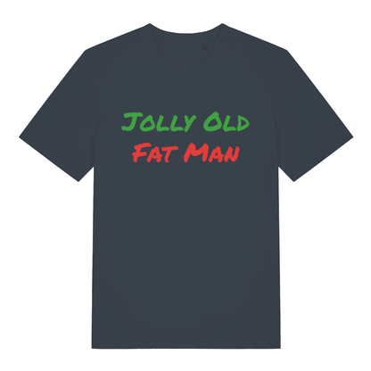 Ink grey Jolly Old Fat Man funny graphic t-shirt showing green and red “JOLLY OLD FAT MAN” slogan  