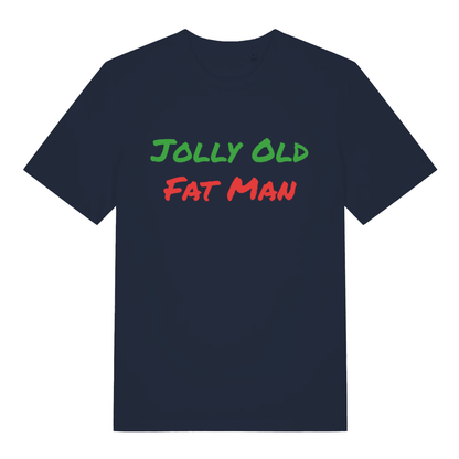 Navy Jolly Old Fat Man funny graphic t-shirt with classic “JOLLY OLD FAT MAN” festive design  