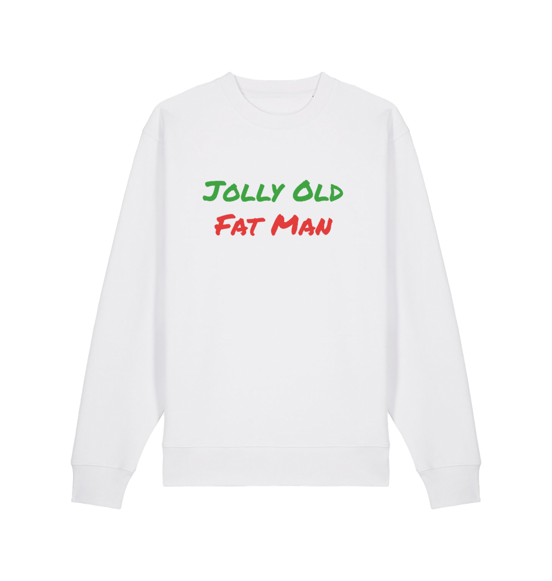 white christmas sweater with the slogan 'jolly old fat man'